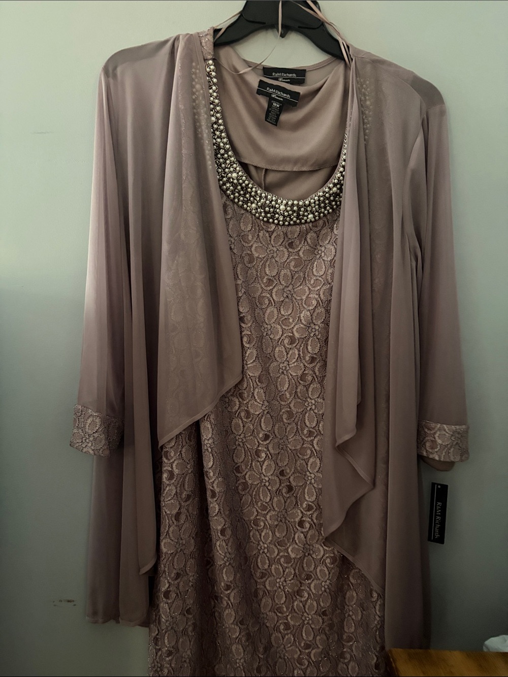 R&M Richards Dusty Mauve Lace Dress with Beaded Neckline and Chiffon Jacket